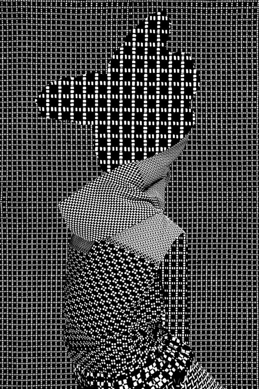 Abstract fashion still life of a textile-covered form on a grid background, presented in monochrome with black and white patterns.