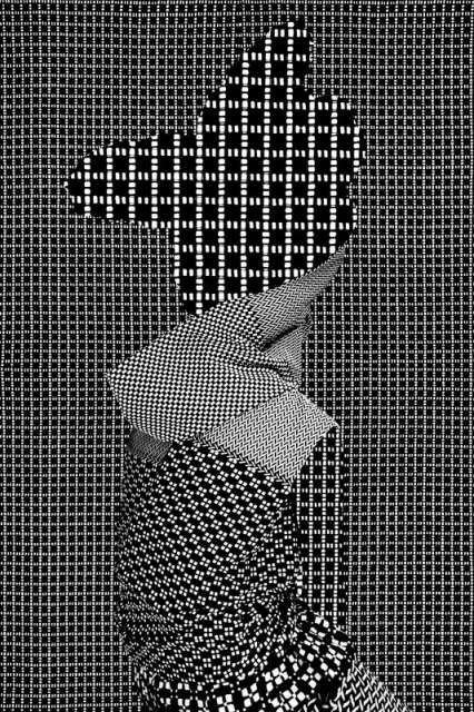 Abstract fashion still life of a textile-covered form on a grid background, presented in monochrome with black and white patterns.
