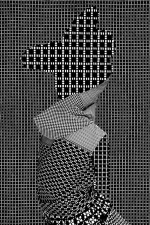 Abstract fashion still life of a textile-covered form on a grid background, presented in monochrome with black and white patterns.