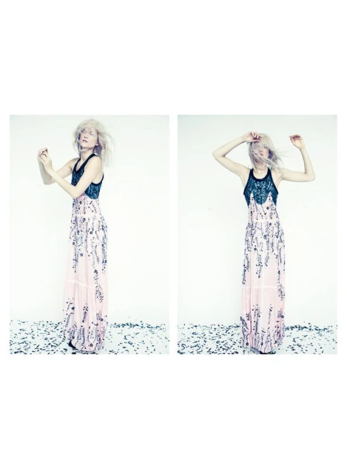Two images of a blond-haired woman wearing a long pink dress with black embellishments in a studio with confetti on the floor.
