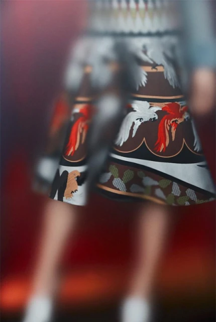 Close-up view of a person wearing a brown and white patterned skirt with phoenix and eagle-like designs, set against a red background.