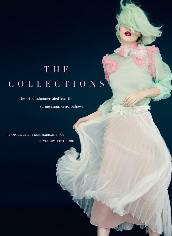 Fashion editorial shot of a model with mint-green hair wearing a translucent green and white dress with pink accents against a dark background.