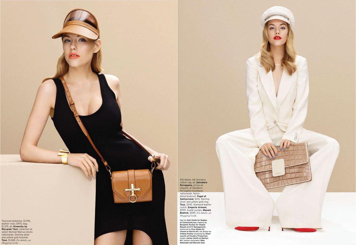 Two fashion models pose in a studio with handbags. One wears a black dress with a brown bag. The other wears a white suit with a beige bag.