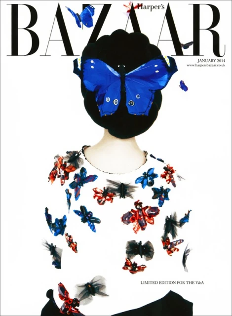Harper's Bazaar cover featuring a model wearing a white butterfly-embellished top and a large blue butterfly headpiece, against a bright background.