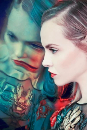 Profile portrait of a woman with reflective layered imagery by prop stylist Andrea Huelse