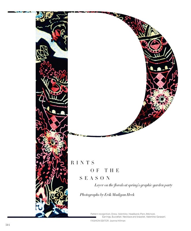 Fashion magazine cover featuring a large initial 'P' with floral pattern against a white backdrop with fashion publication text overlay.