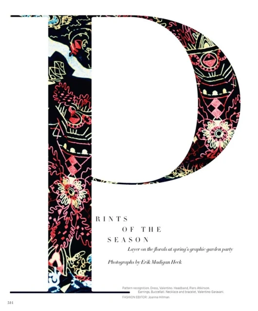 Fashion magazine cover featuring a large initial 'P' with floral pattern against a white backdrop with fashion publication text overlay.