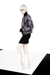 Model with silver bob haircut wearing patterned grey jacket and white cut-out boots on white and black floor