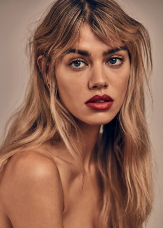 Close up portrait of a blonde woman with blue eyes and bold red lipstick against a plain neutral background.