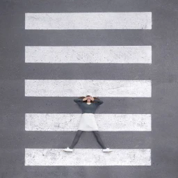 Aerial view of a woman lying flat on a pedestrian crosswalk with her hands covering her eyes, wearing a grey top and white skirt.