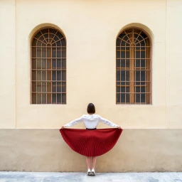 Woman facing a yellow wall with two arched windows, holding out a large pleated red skirt