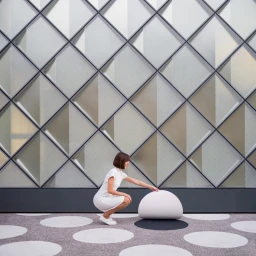Woman in white dress crouching to touch a white dome prop on a polka dot patterned ground against a geometric diamond facade