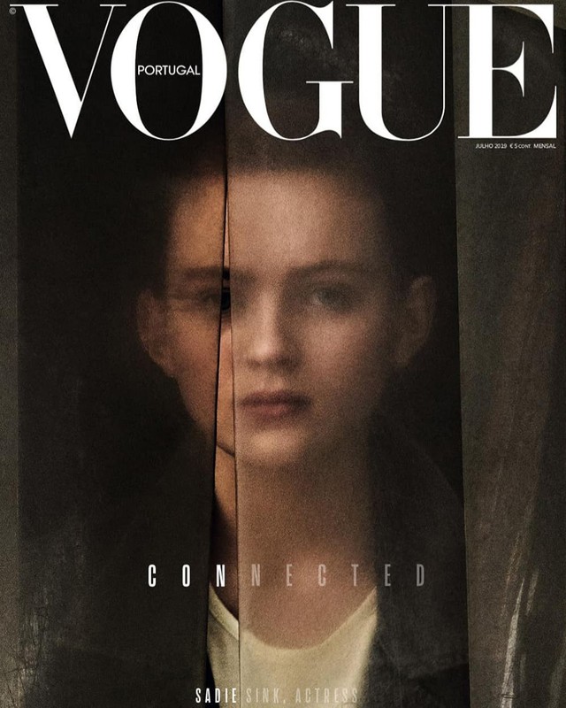 Vogue Portugal cover featuring a close-up of Sadie Sink, the actress, in a moody and artistic portrait with connected in text.