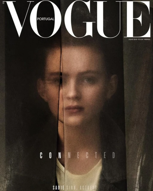 Vogue Portugal cover featuring a close-up of Sadie Sink, the actress, in a moody and artistic portrait with connected in text.