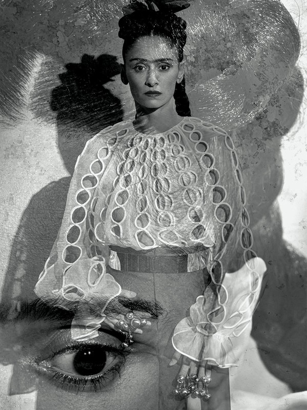 Monochrome portrait of a woman with braided hair wearing an eyelet top, layered with a partial face image, creating a vintage-style composition.
