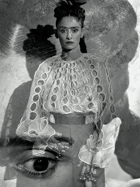 Monochrome portrait of a woman with braided hair wearing an eyelet top, layered with a partial face image, creating a vintage-style composition.