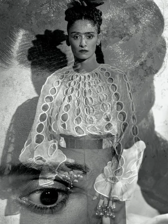 Monochrome portrait of a woman with braided hair wearing an eyelet top, layered with a partial face image, creating a vintage-style composition.