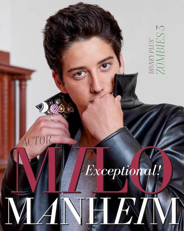 Portrait of Milo Manheim in a black leather jacket, adorned with unique button embellishments. 'Zombies 3' and actor credit text visible.