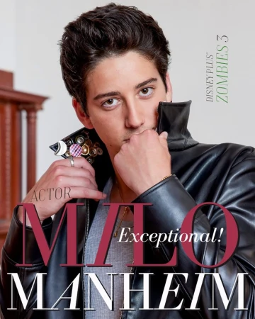 Portrait of Milo Manheim in a black leather jacket, adorned with unique button embellishments. 'Zombies 3' and actor credit text visible.