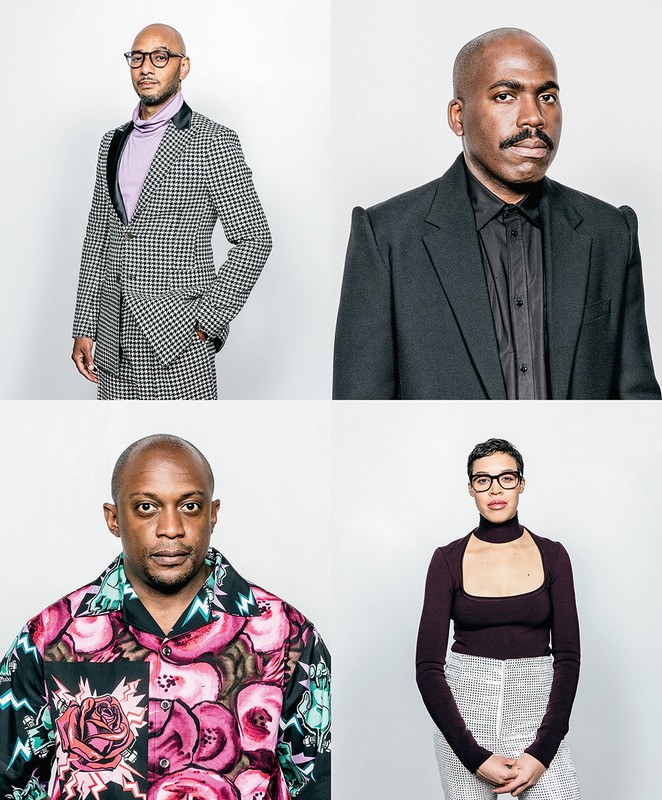 Studio portrait of four diverse adults, two men and two women, each in striking attire, set against a plain white backdrop.
