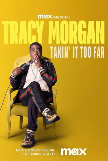 Tracy Morgan sits in a yellow chair holding a microphone, smiling in a promotional shot for his comedy special with a yellow background.