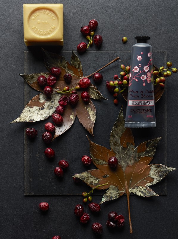 Hand cream, cranberries, soap bar, and leaves arrangement on a dark surface in a still life. Dark and moody product photography.