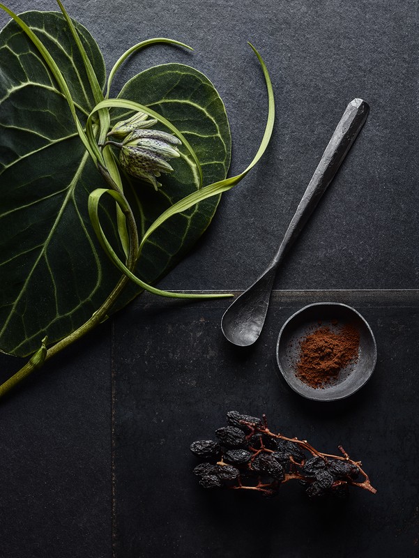 Still life image of a large green leaf, dark spoon, spice bowl, and raisins on a dark grey stone tile background, shot in studio light.