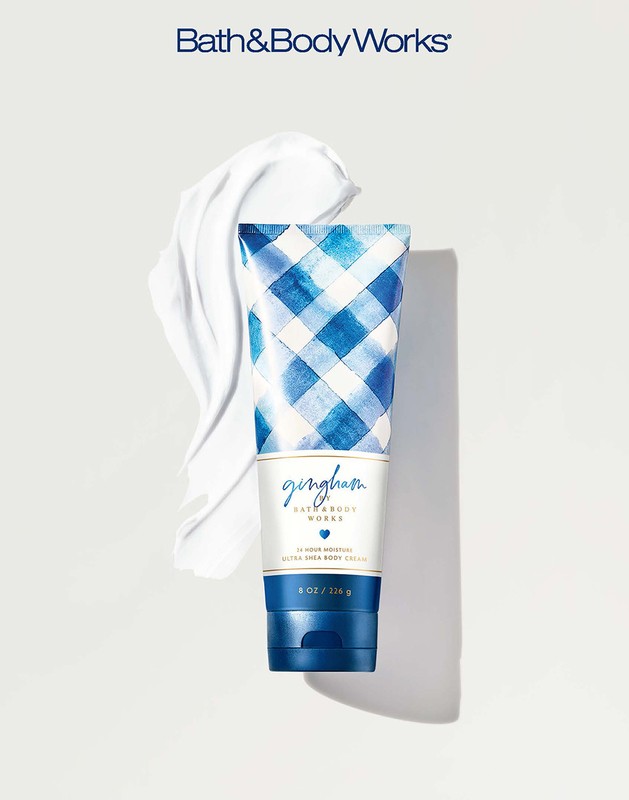 Bath & Body Works Gingham ultra shea body cream with a blue and white checkered pattern and a dollop of white cream.