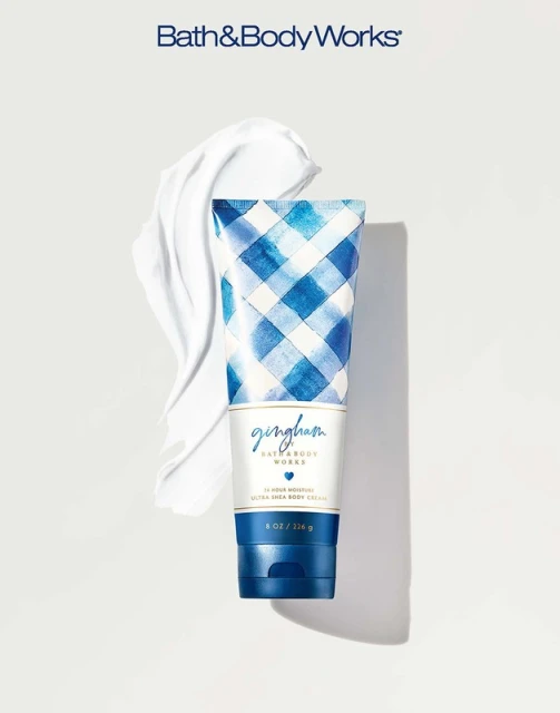 Bath & Body Works Gingham ultra shea body cream with a blue and white checkered pattern and a dollop of white cream.