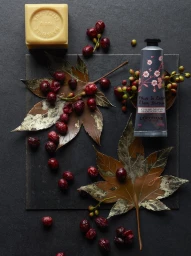 Overhead flat lay of hand cream tube, soap bar, dried leaves, and red berries on dark slate