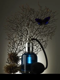Blue perfume bottle with atomizer bulb and metal nozzle displayed against dry branches, sea urchin shells and a dark butterfly.
