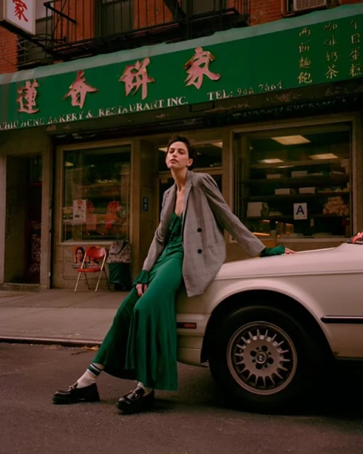 A woman in a green dress and grey blazer sits on the hood of a white car parked in front of a Chinese bakery and restaurant.