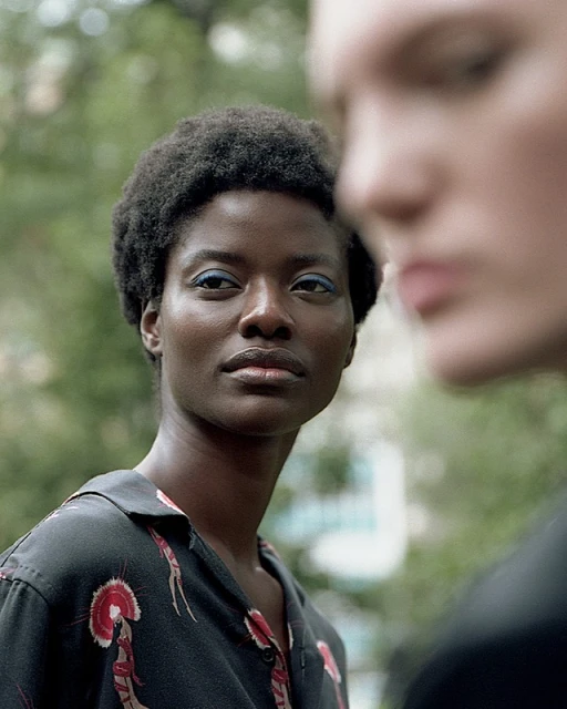 Close-up of two adult women outdoors, one Black woman with blue eyeshadow is in focus, the other white woman is out of focus.