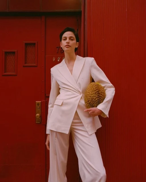 A woman in a white suit stands in front of a red door, holding a spiky, round, yellow object, with a confident expression.