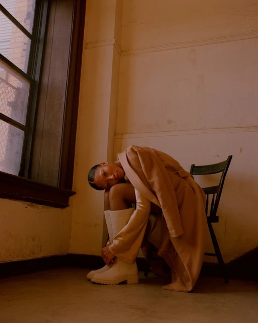Woman in a beige coat and white boots sits on a chair in an indoor corner, near a window, with muted, warm lighting and fashion styling.
