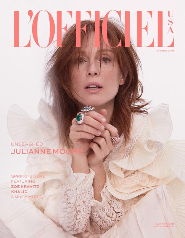 Magazine cover featuring Julianne Moore wearing a cream-colored dress and ornate rings against a soft white background, with 'L'Officiel' masthead.