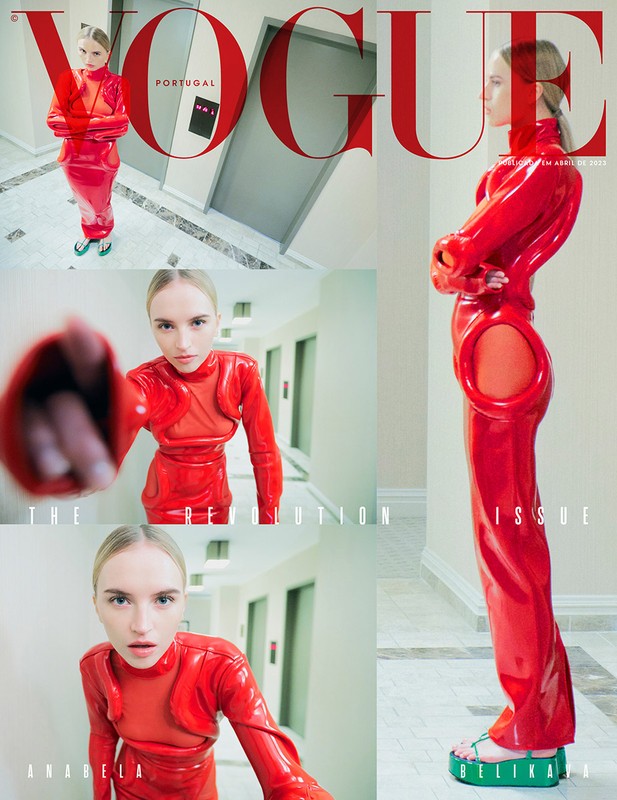 Vogue Portugal magazine cover with a young woman in a red latex suit and platform sandals, posing in a minimalist setting with bold red text.