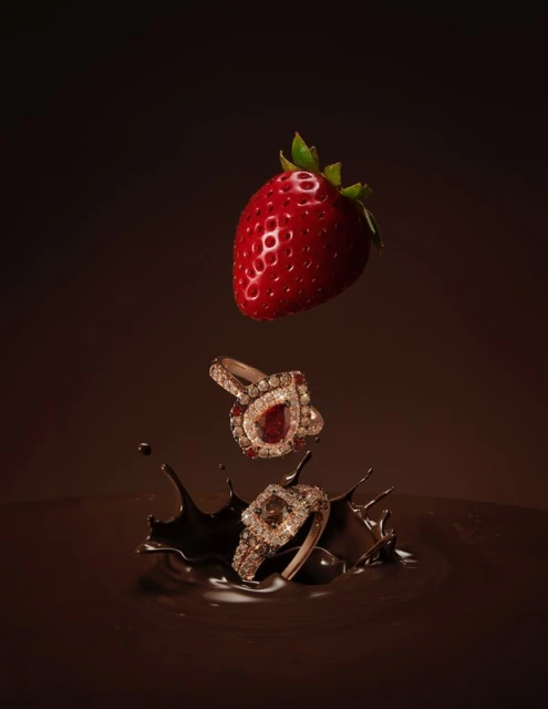 A strawberry and two diamond rings falling into a splash of chocolate on a brown background in a high-angle product shot.