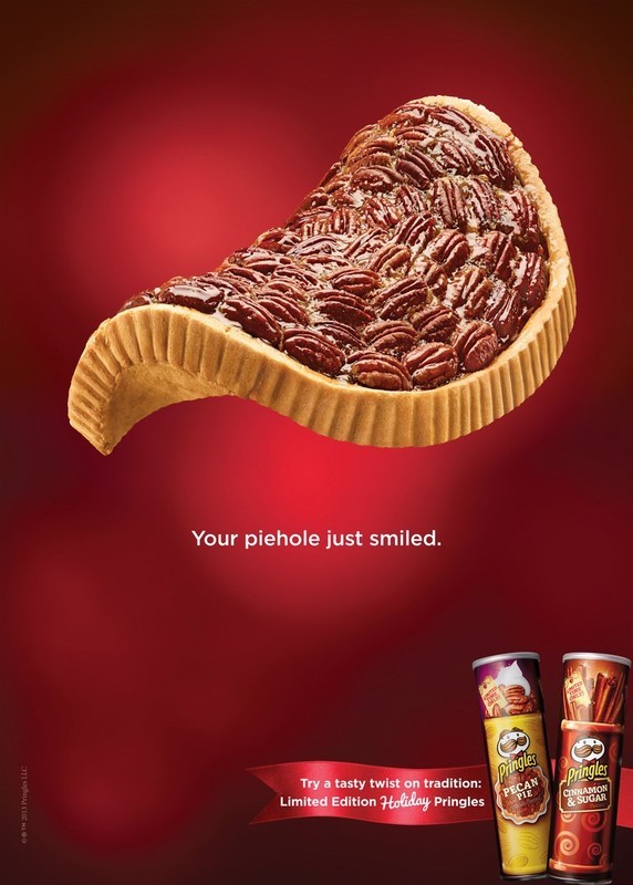 Pecan pie slice floating on a gradient red background, product promotion for Limited Edition Holiday Pringles in foreground.