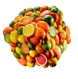 A dense cluster of assorted citrus fruits including oranges, lemons, and limes against a clean white background