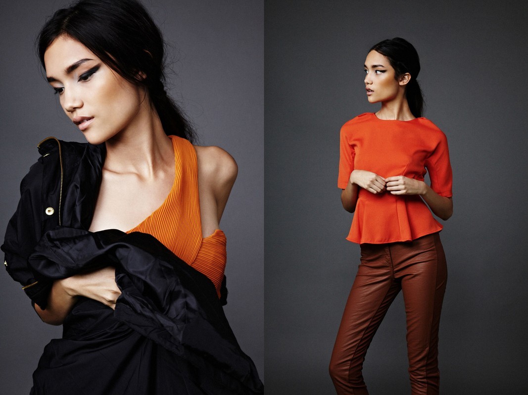 Split-screen fashion shot: a stylish young woman showcases an orange top with a black jacket and brown leather-look pants against a gray backdrop.