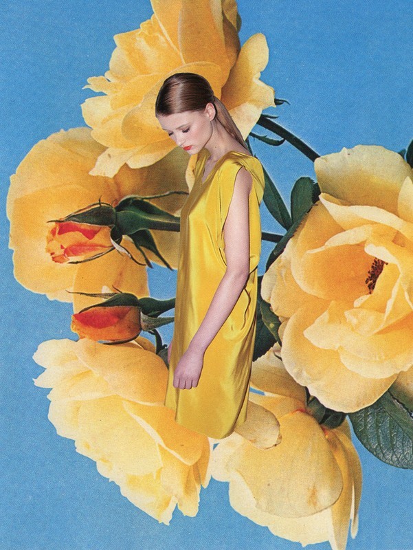 Woman in yellow dress posing amidst large yellow roses against a blue background. Fashion editorial collage.