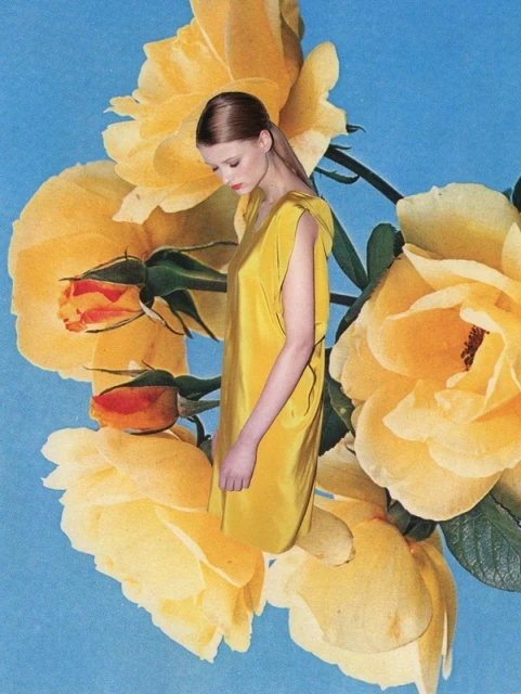 Woman in yellow dress posing amidst large yellow roses against a blue background. Fashion editorial collage.