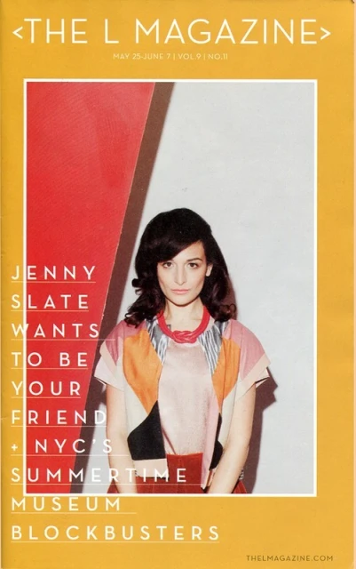 Magazine cover featuring Jenny Slate, actress and comedian, in an indoor photo studio setting with red and white color blocks.