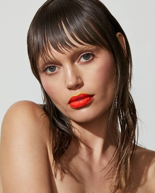 Close-up portrait of a woman with wet dark hair, light skin, light eyes, and orange lipstick with yellow outlining against a light background.
