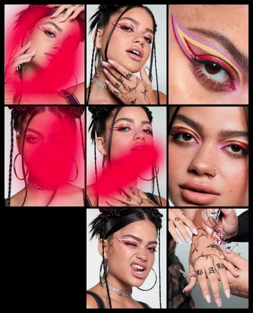 Collage of a woman with face and hand makeup. Graphic eyeliner and hand tattoos give a beauty editorial look with red color grading.