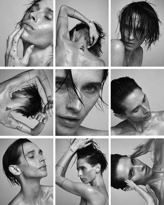 Monochrome portrait grid of a person with wet hair and tattoos by photographer Brooke Nipar.
