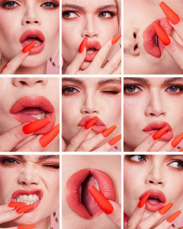 A grid of nine close-up beauty shots featuring a woman with bright coral lipstick and matching long matte orange fingernails.