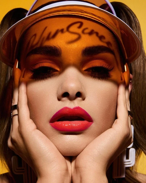 Close-up studio shot of a woman with red lipstick, orange eyeshadow, an orange visor, hands framing her face, and yellow background.