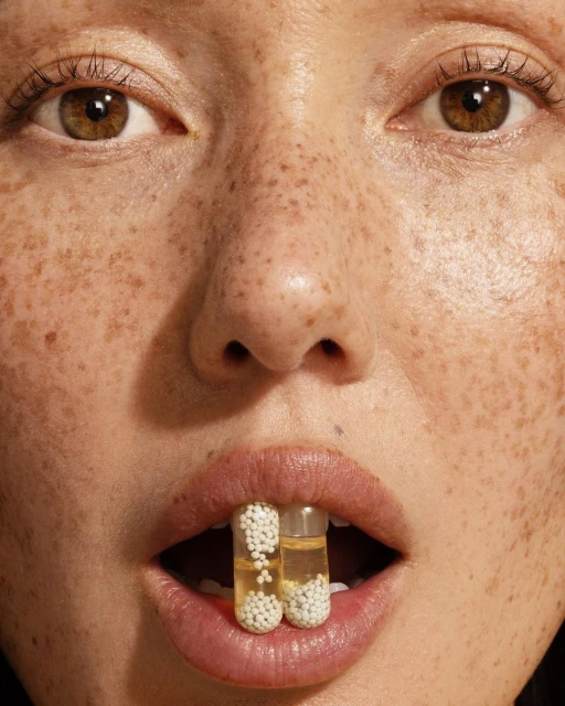 Close-up of a woman with freckles holding two clear capsules filled with liquid and small white balls between her teeth.